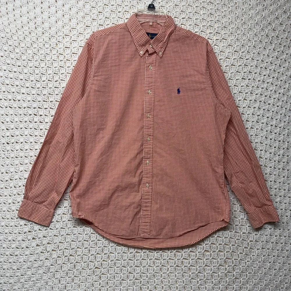 Ralph Lauren Classic Fit Shirt Mens Sz L Orange 100%Cotton Button Down Blue Pony